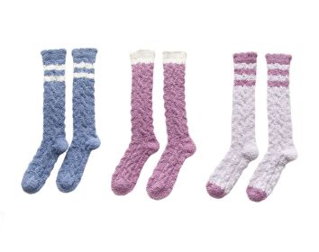 3 Pairs Stripes Knee High Soft Fuzzy Sock for Indoor Outdoor Warm, Blue and Purple