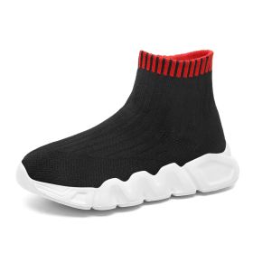 Spring and autumn new children's thick soled knitted vamp flying woven high top socks shoes breathable comfortable light outdoor leisure sports s (Color: Black  red, size: 38)