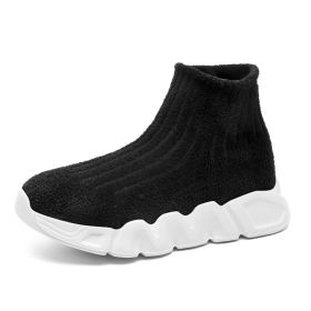 Spring and autumn new children's thick soled knitted vamp flying woven high top socks shoes breathable comfortable light outdoor leisure sports s (Color: Black, size: 29)